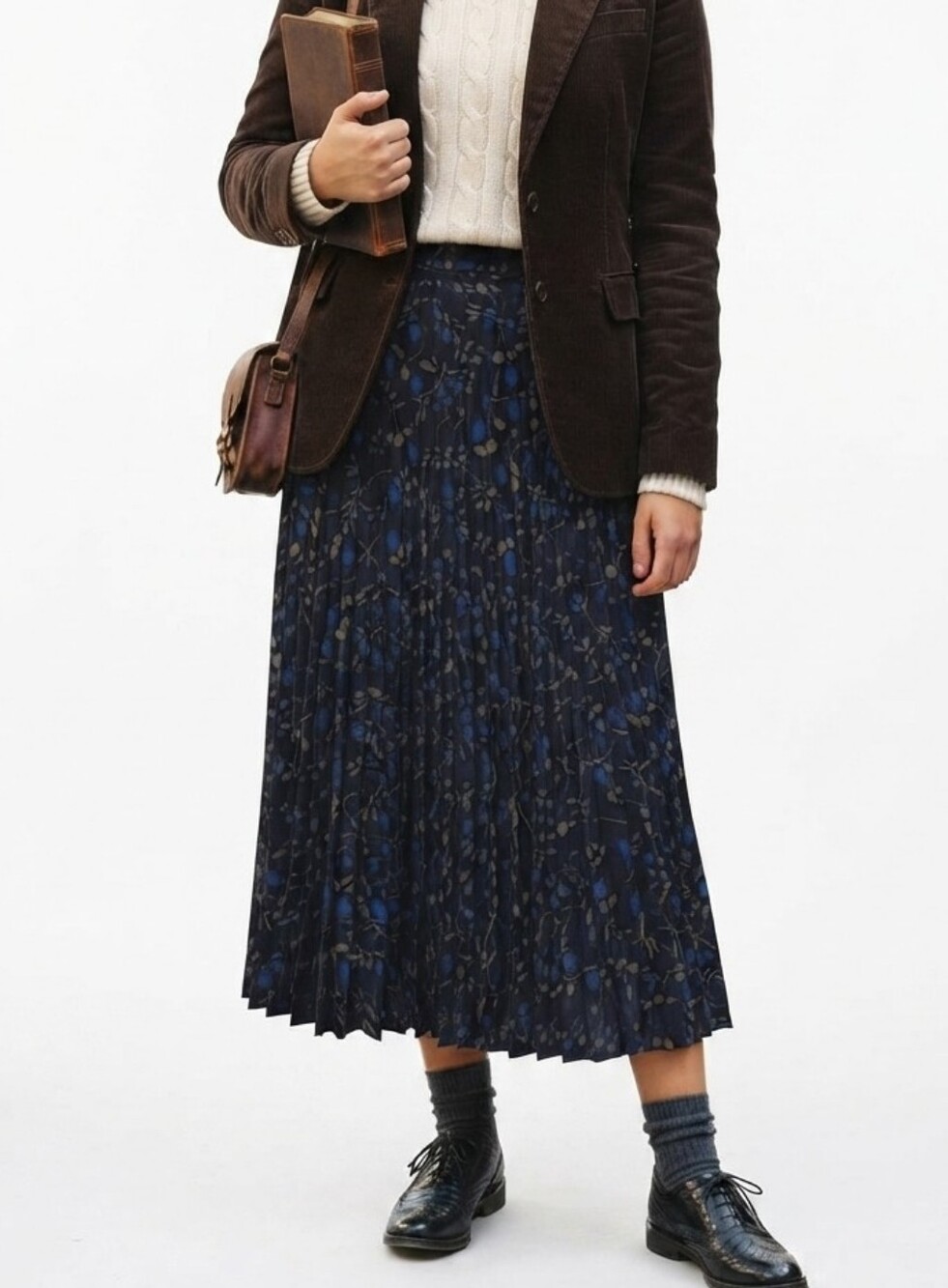 Vintage Sag Harbor Pleated Midi Skirt | Navy Blue Floral Dark Academia |Size 10